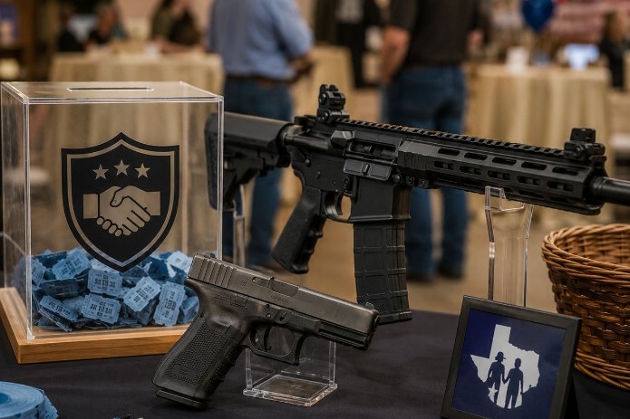 Raffle drum and ticket table set up at a local community fundraising event