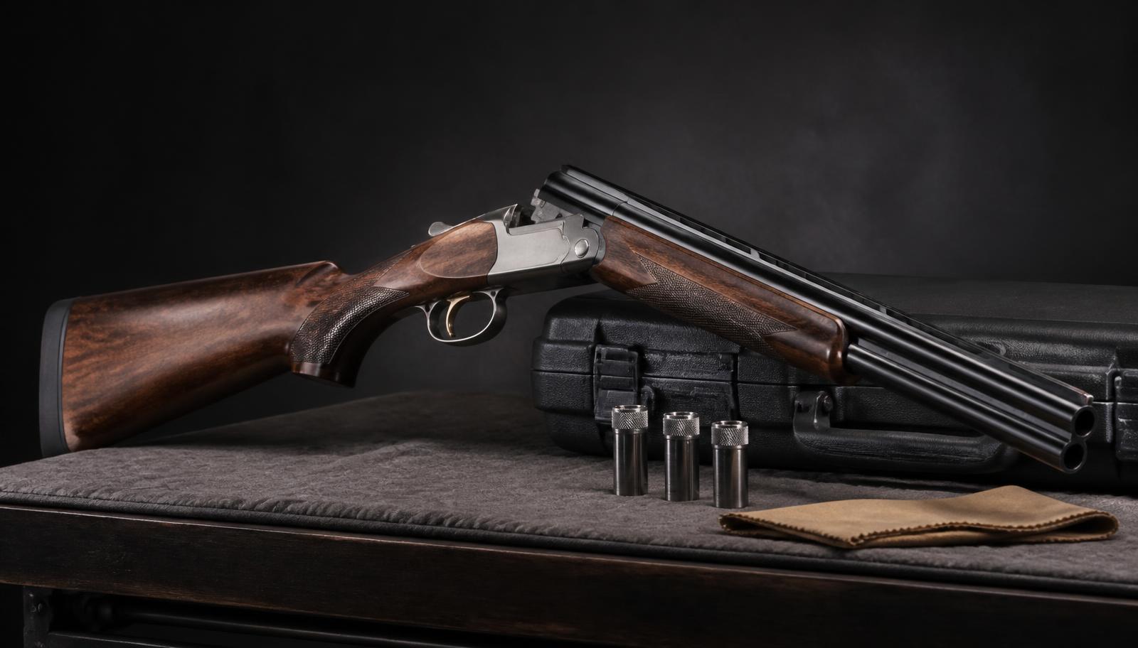 Over-and-under sporting shotgun with open action resting beside a hard case and choke tubes