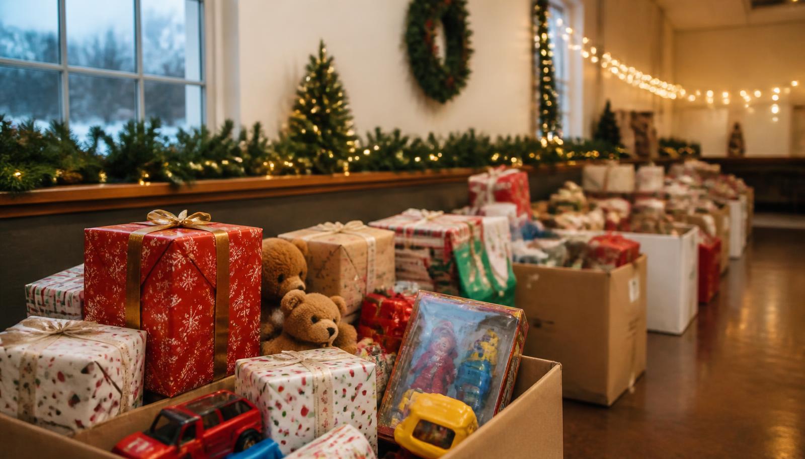 Wrapped holiday gifts and donation bins collected for a community giving program